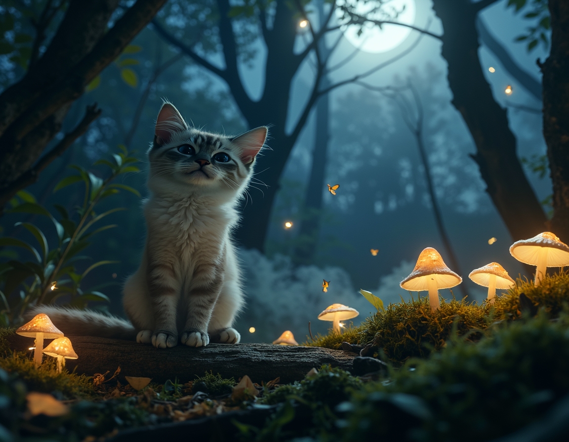 Cat explores a twilight forest alive with bioluminescent mushrooms, sparkling fireflies, and fluttering fairies. The scene captures a sense of enchantment and mystery under the soft glow of moonlight.